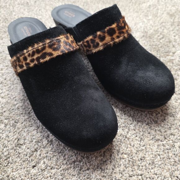 CROCS Shoes - Crocs Mules Size 8 Black Leopard Animal Clog Suede Chunky Heel Mobwife